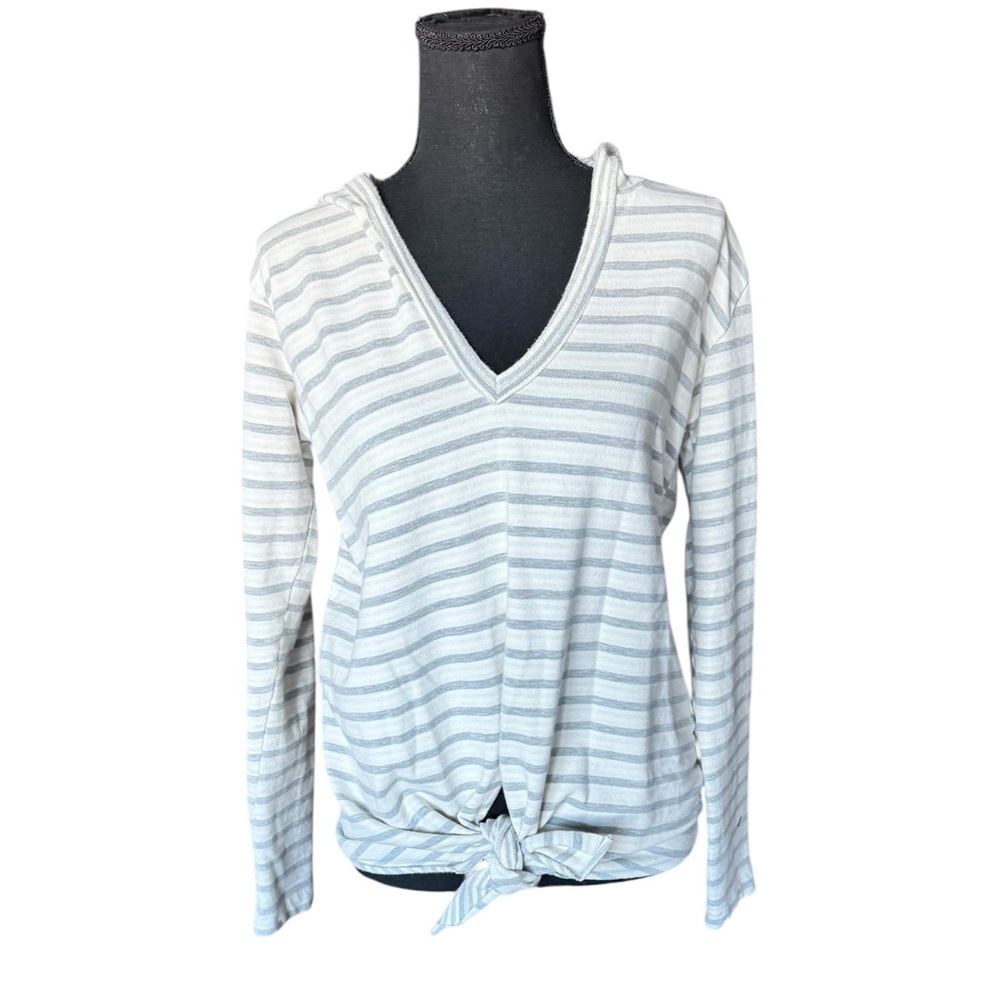 Left of Center Anthropologie Striped Hoodie Tie Front Top Blue White Small C52